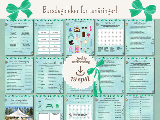 Forsiden av 'Bursdagsspill for tenåringer (jente)' med fargerike illustrasjoner og tittelen tydelig vist.
