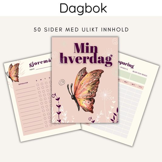 Forsiden av 'Dagbok – Min Hverdag' med enkel og ryddig layout som viser innhold som vanesporing, matplan og økonomi.
