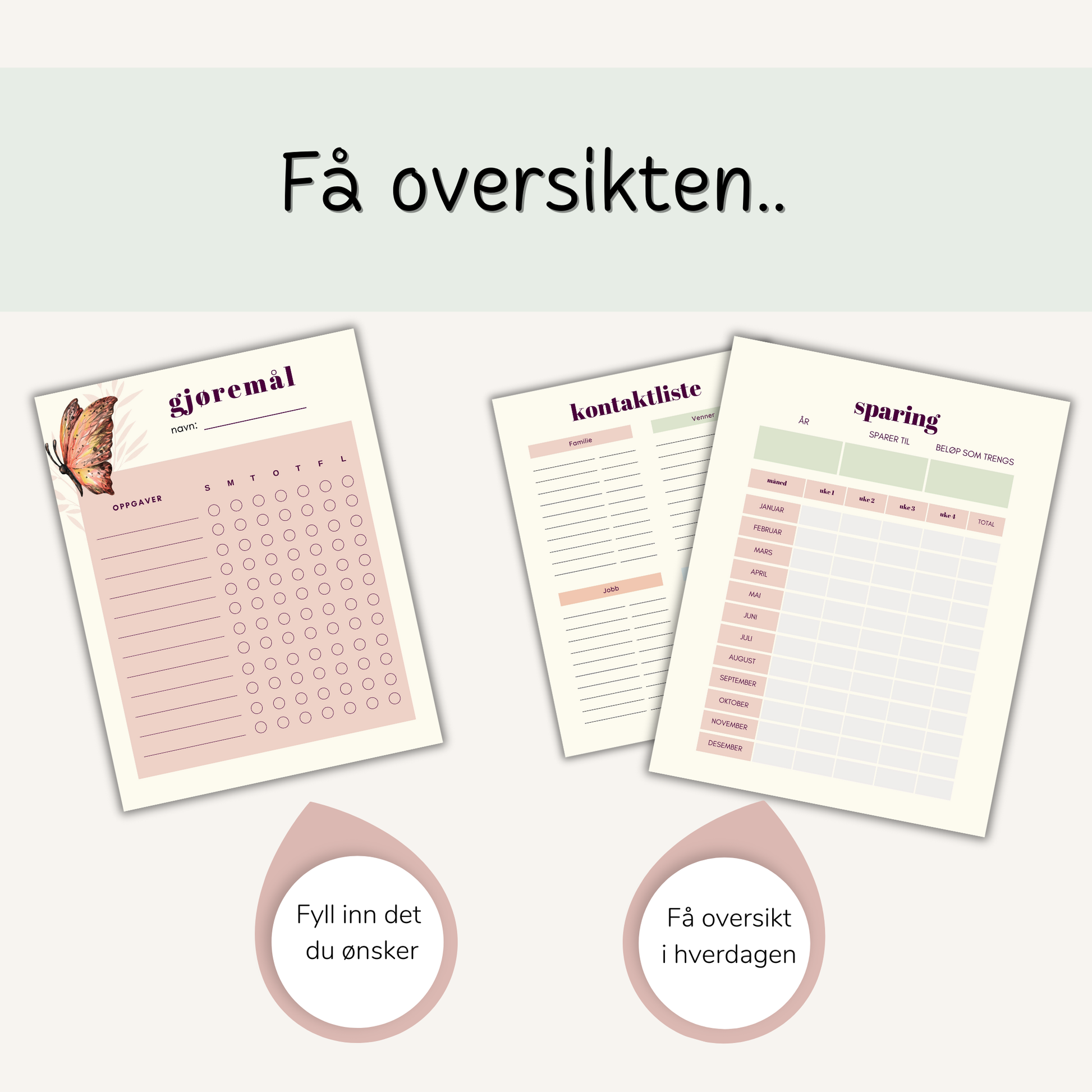 Måltidsplanleggingsside med ukedager og felt for frokost, lunsj, middag og snacks.
