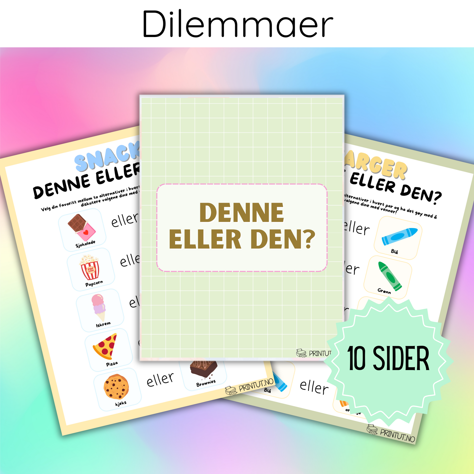 Forsiden av 'Denne eller den? – gøye dilemmaer for barn – GRATIS' med fargerikt design og tittelen tydelig vist.
