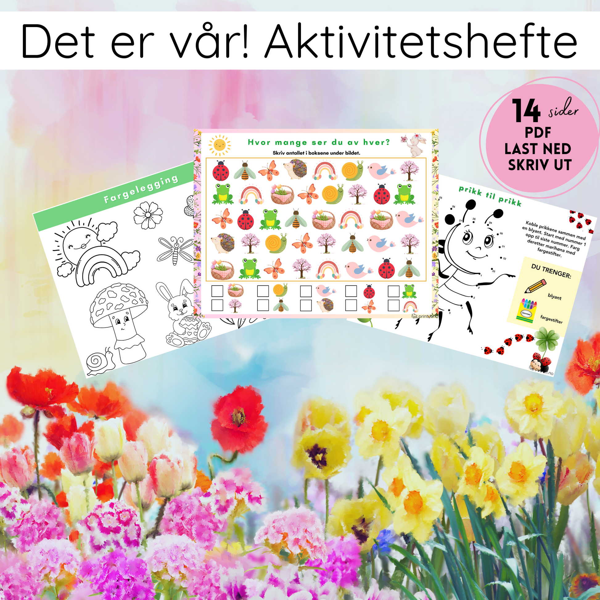 Forsiden av 'Det er vår! Aktivitetshefte' med fargerike illustrasjoner av blomster, dyr og vårtema.