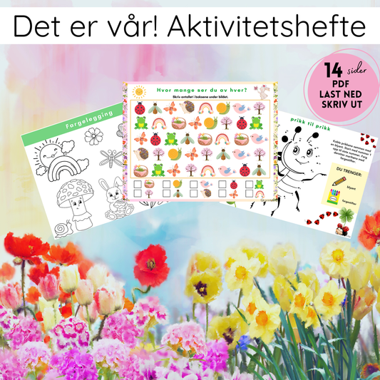 Forsiden av 'Det er vår! Aktivitetshefte' med fargerike illustrasjoner av blomster, dyr og vårtema.