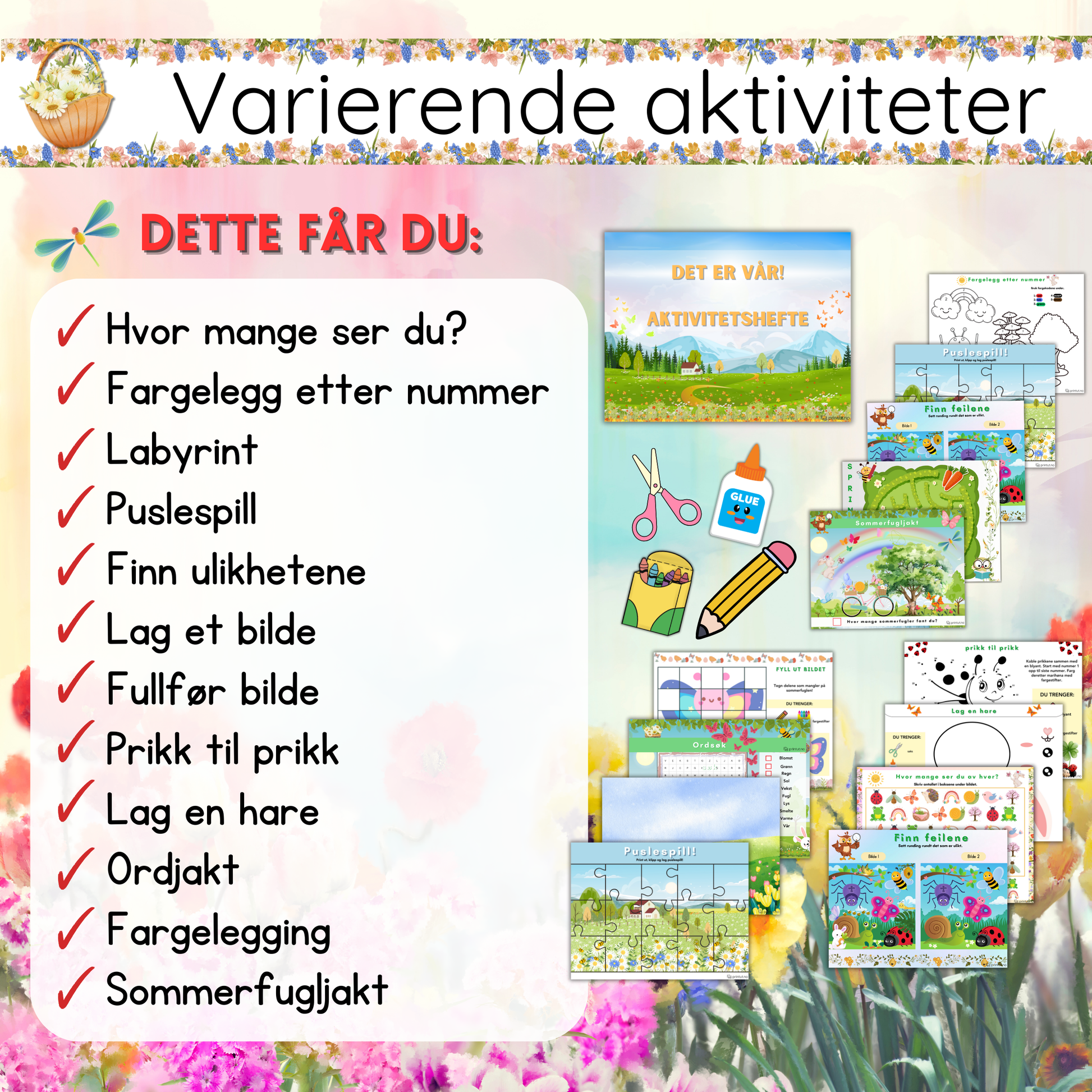 Forsiden av 'Det er vår! Aktivitetshefte' med fargerike illustrasjoner av blomster, dyr og vårtema.
