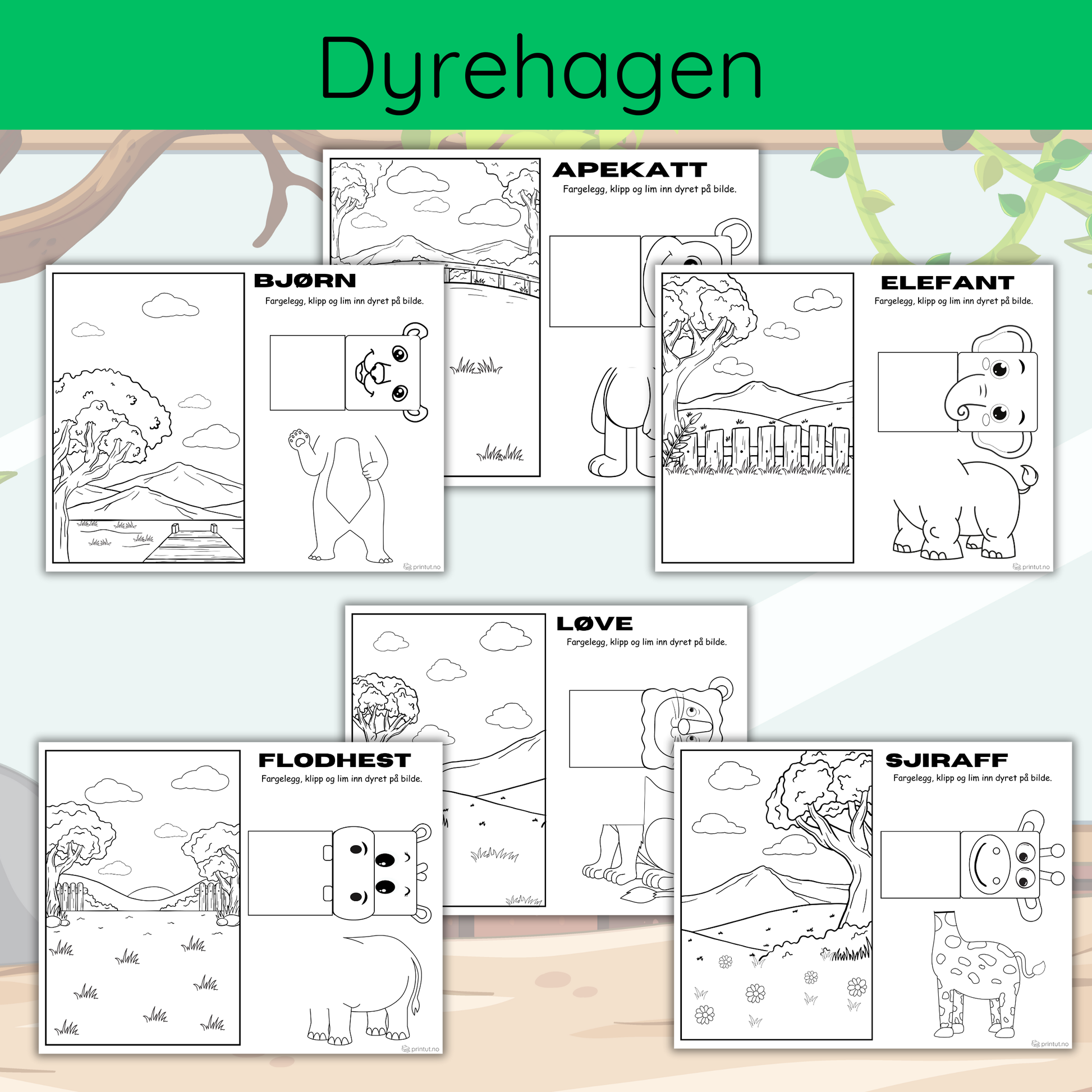 Eksempelside fra 'Dyrehage – Farg, klipp og lim' som viser et dyr klart for fargelegging, klipping og liming.
