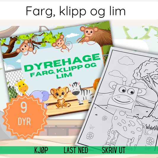Forsiden av 'Dyrehage – Farg, klipp og lim' med illustrasjoner av forskjellige dyr klare for fargelegging, klipping og liming.
