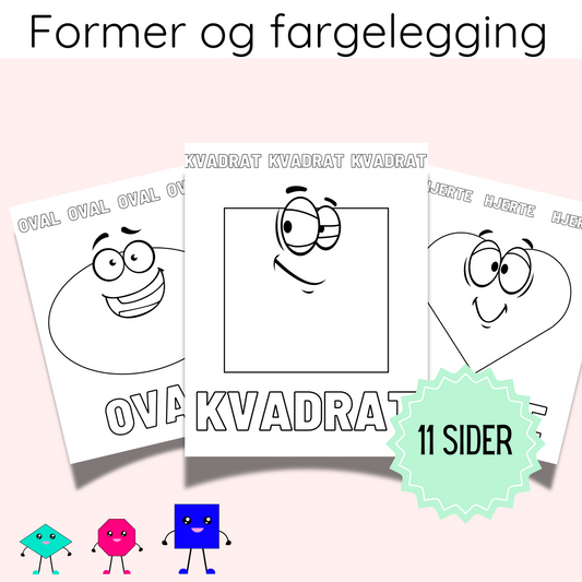 Forsiden av 'Fargelegging – former – GRATIS' med illustrasjoner av ulike geometriske former klare til fargelegging.
