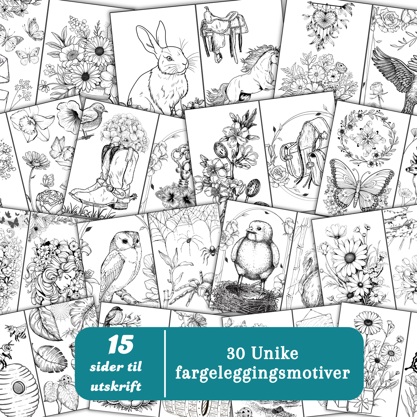 Eksempelside fra heftet som viser detaljerte vårmotiver klare for fargelegging.
