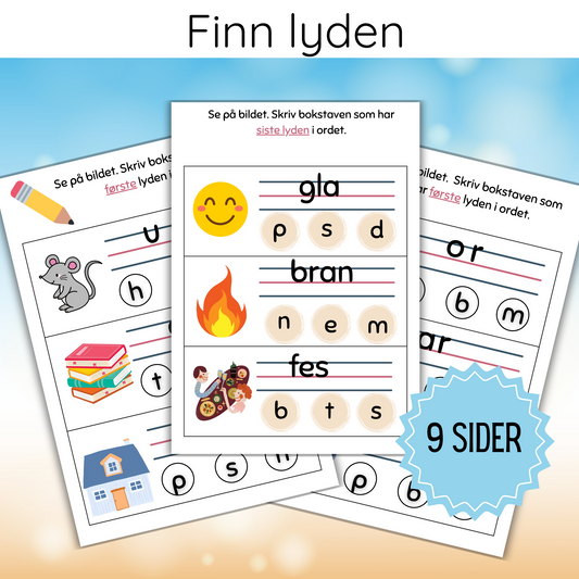 Forsiden av 'Finn lyden' leseopplegget som viser tittelen og et illustrativt design som fremhever lydidentifisering i ord.
