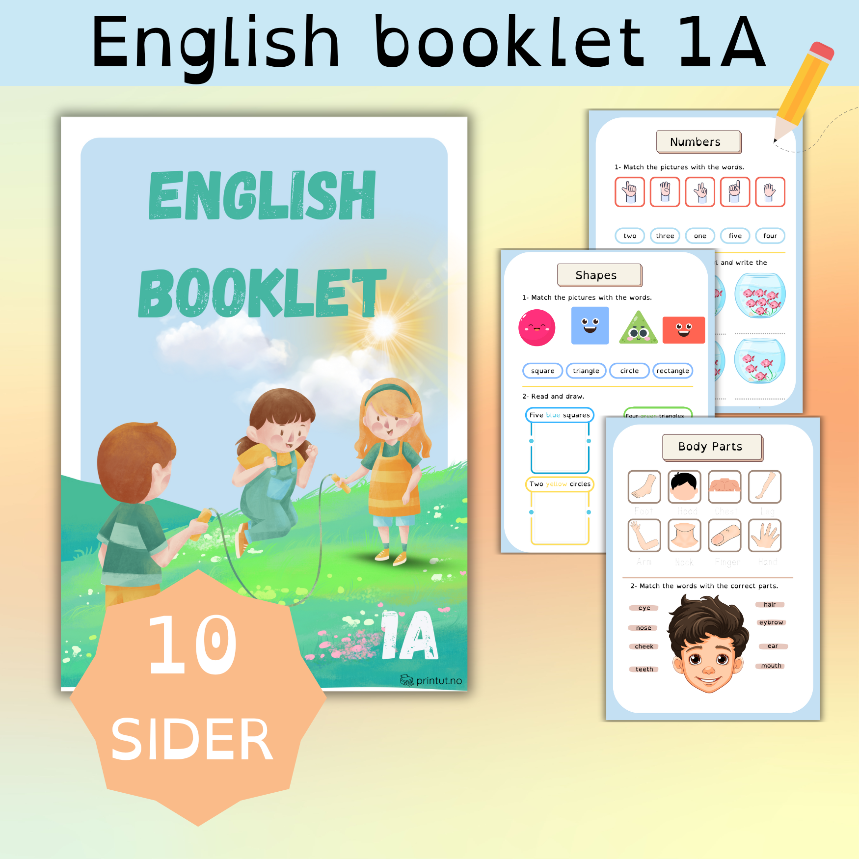Viser forsiden av english booklet, engelsk hefte, med tre sider som viser litt av innholdet. Nubmers, shapes og body parts