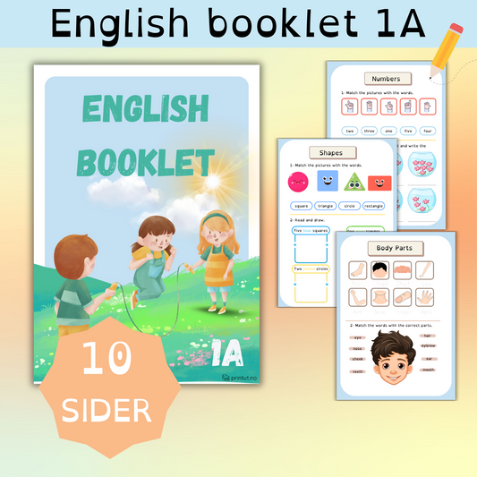 Viser forsiden av english booklet, engelsk hefte, med tre sider som viser litt av innholdet. Nubmers, shapes og body parts