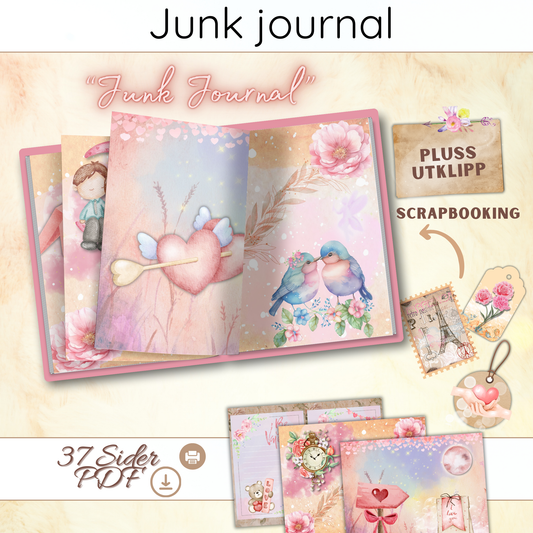 Forsiden av 'Junk journal/Scrapbook rosa' som viser en samling av rosa-tonede tagger, postkort og klistremerker.
