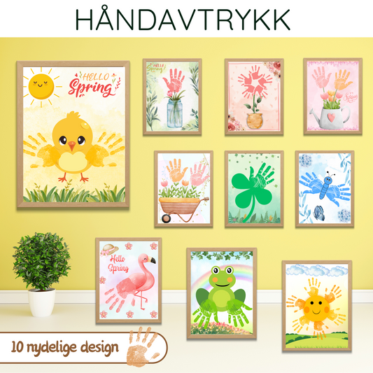 Forsiden av 'Håndavtrykk-vår' aktivitetshefte med fargerike vårmotiver for håndavtrykk-kunst.
