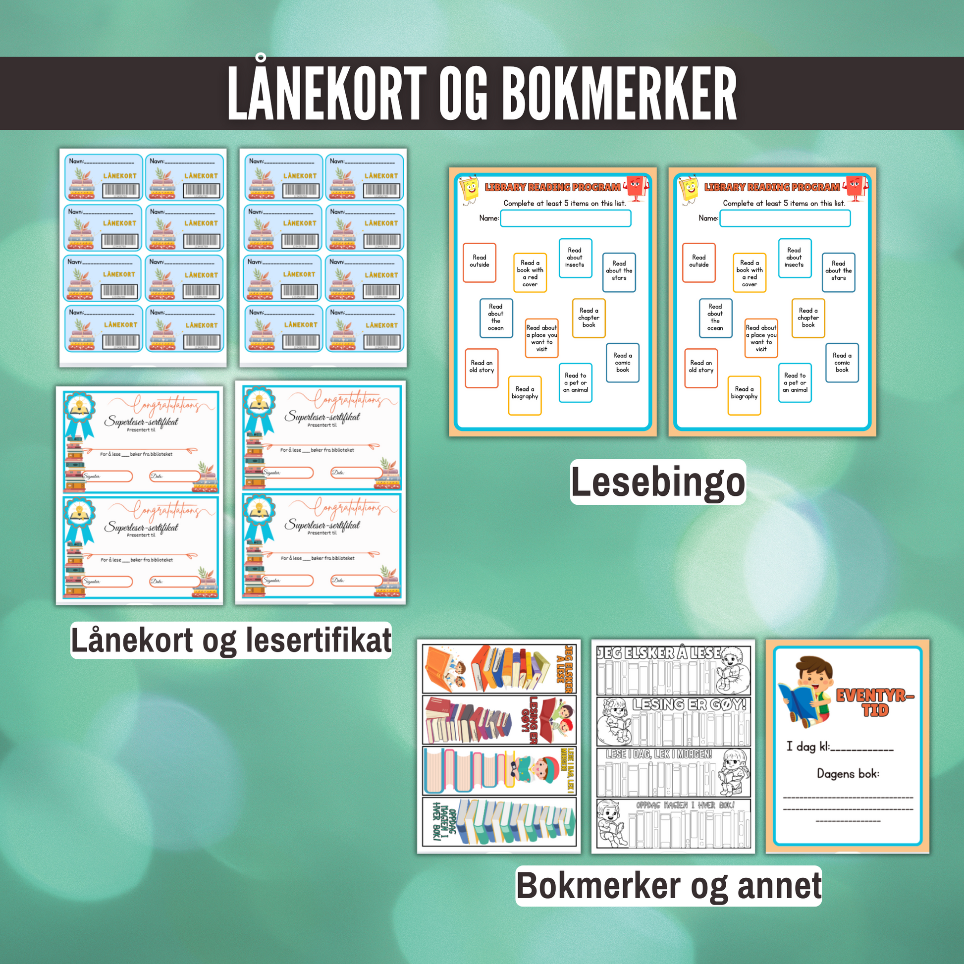 lånekort og lesebingo, og bokmerker til barna