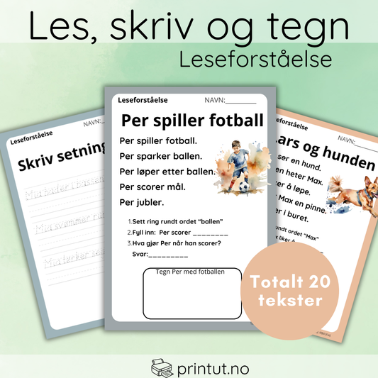 viser tre eksempelark, med tekst, skriving