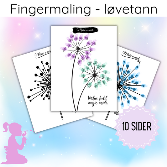 Forsiden av 'Løvetann – fingermaling – GRATIS' som viser en svart-hvitt illustrasjon av en løvetann klar for fingermaling.
