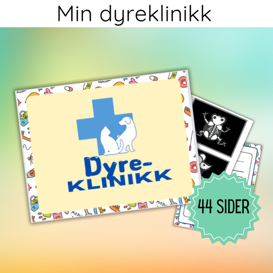 Forsiden av 'Min dyreklinikk' utskrivbar pakke som viser et fargerikt design med ulike veterinærrelaterte elementer.
