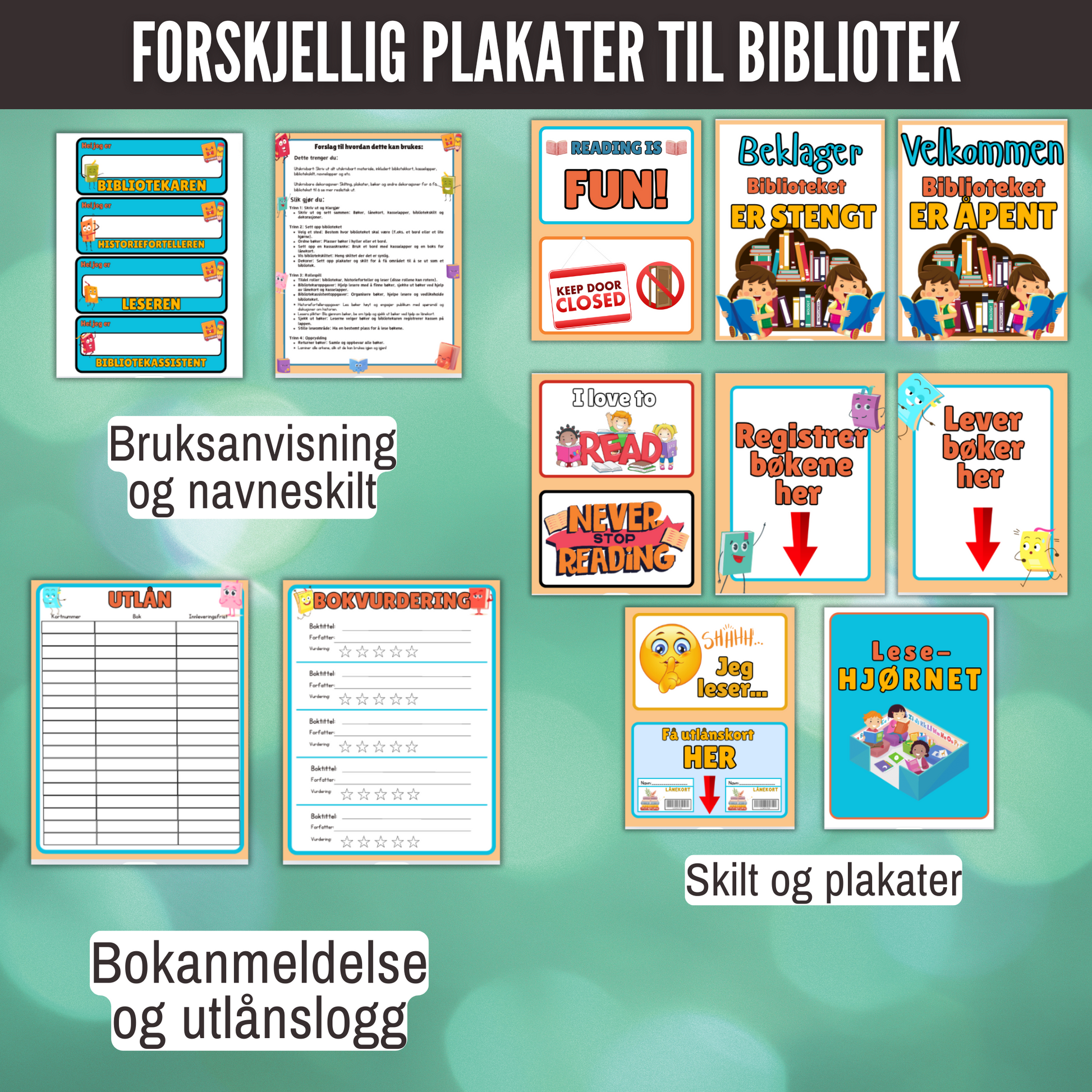 Dekor og skilt som kan henges for å skape et ekte bibliotek for barna