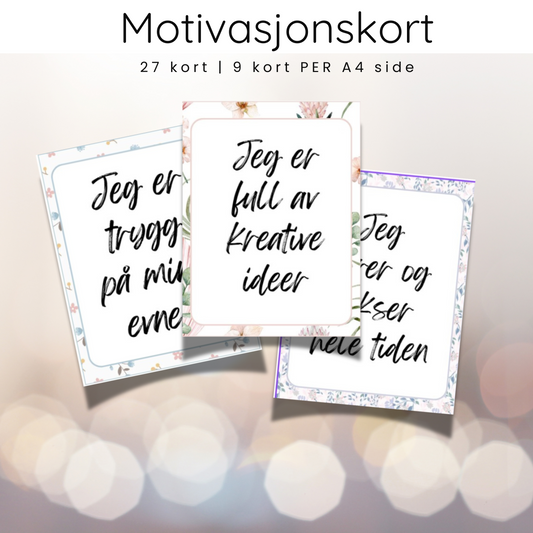 Forsiden av 'Motivasjonskort norsk – GRATIS' med fargerikt design og tittelen tydelig vist.

