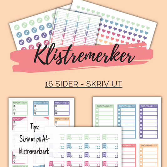 klistremerker, 16 sider, med deler av sidene