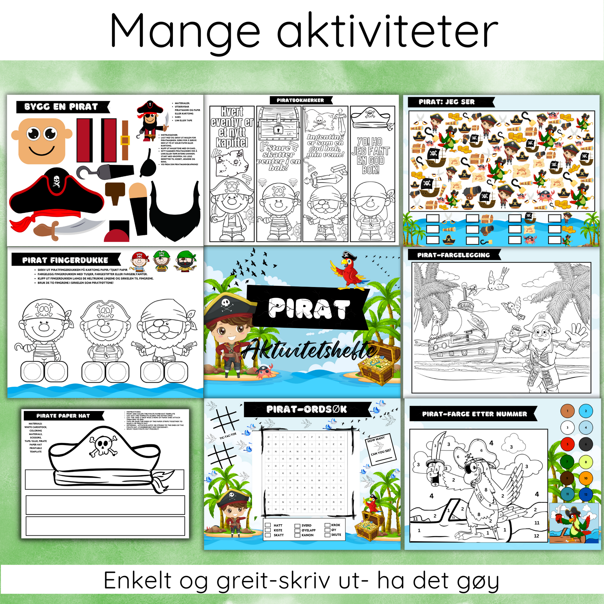 Eksempelside fra aktivitetsheftet som viser klipp-og-lim-oppgave med piratfigur.
