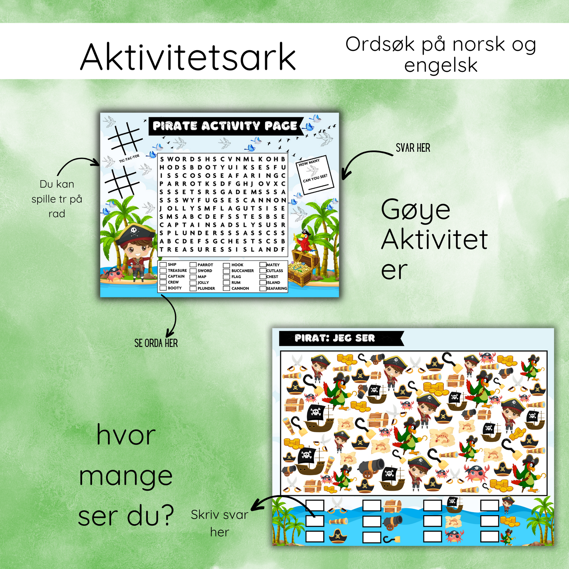 Illustrasjon av en piratbåt som barn kan klippe ut og sette sammen fra aktivitetsheftet.
