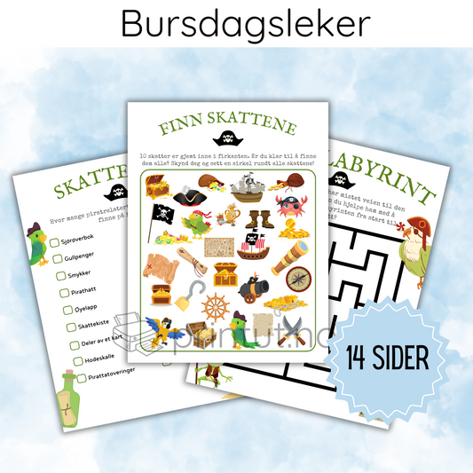 Forsiden av 'Leker og aktiviteter – piratbursdag' med fargerikt pirattema-design som inviterer til spennende eventyr.
