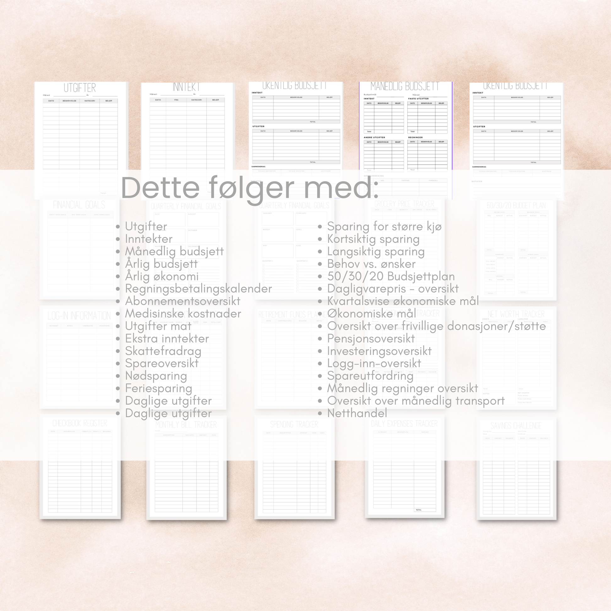 Tabell for utgiftssporing der brukeren kan føre dato, beskrivelse og beløp.
