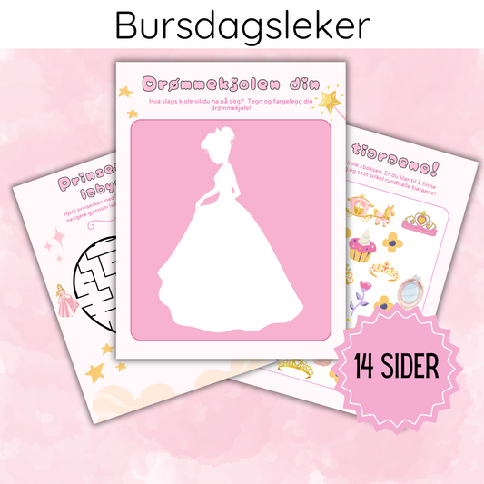 Forsiden av 'Leker og aktiviteter – Prinsessetema' med fargerikt prinsessedesign som inviterer til en magisk opplevelse.
