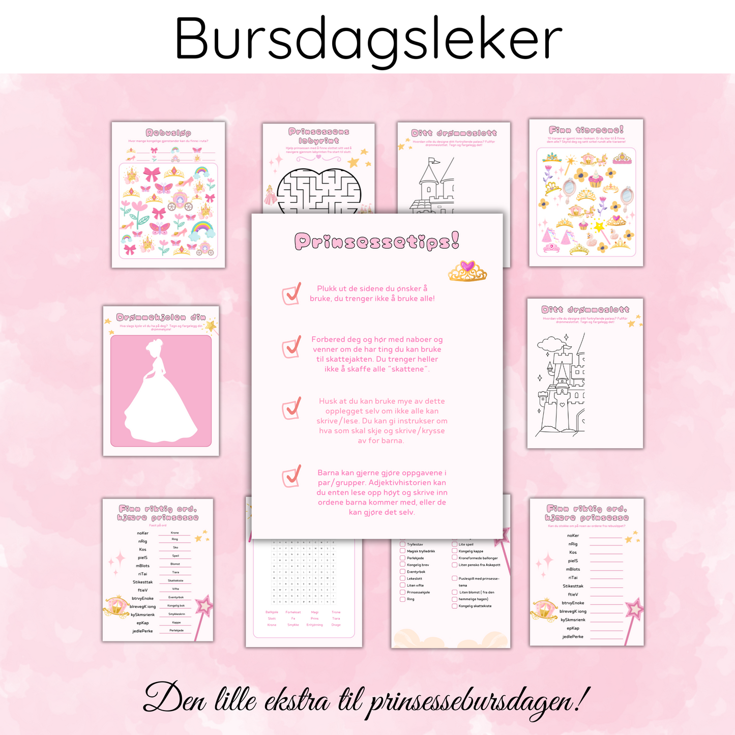 Viser oversikt over alle lekene som er med, med instruksjoner og tips