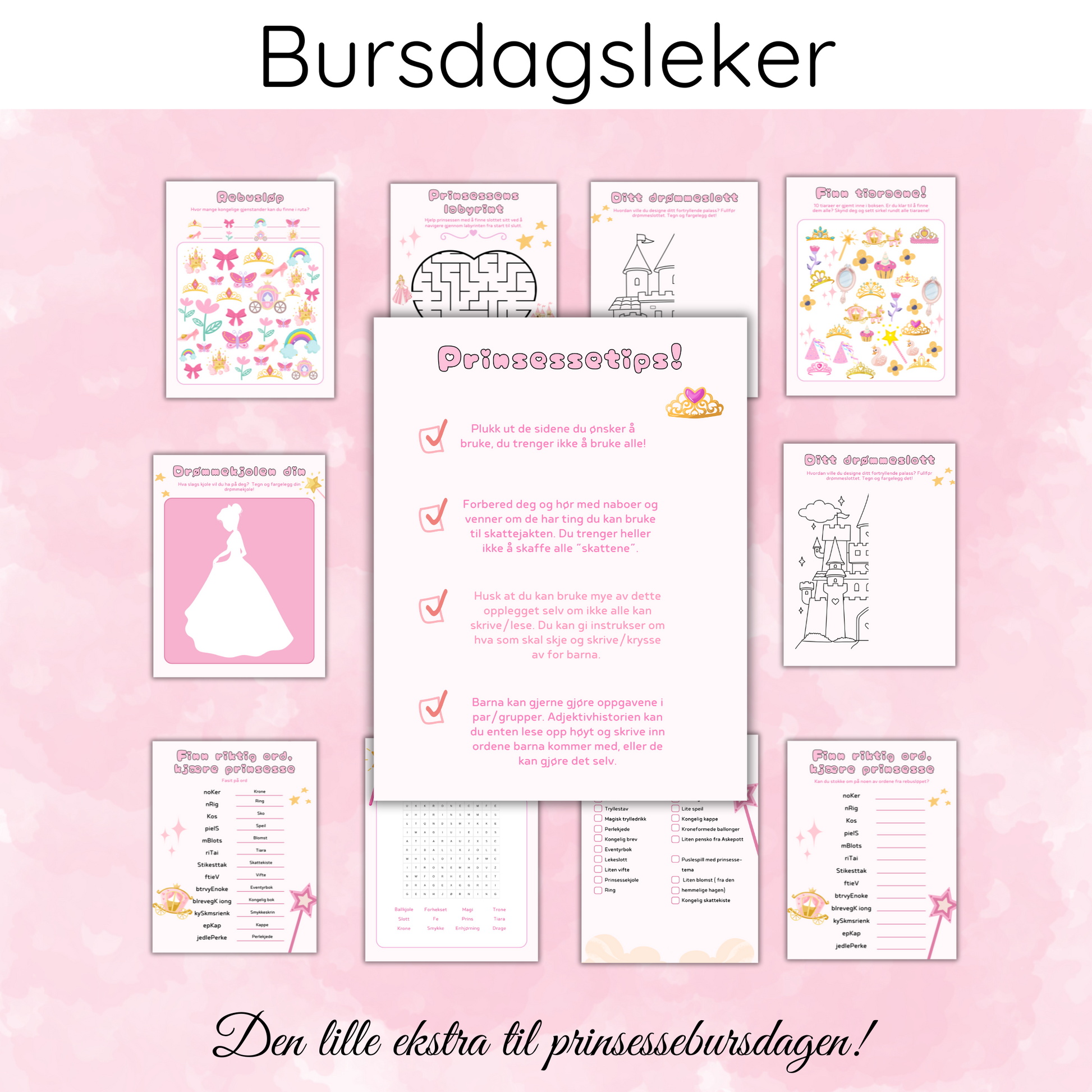 Viser oversikt over alle lekene som er med, med instruksjoner og tips