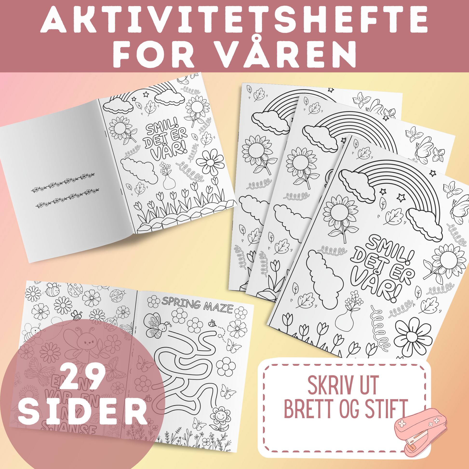 Printbart aktivitetshefte med vårtema – inneholder fargelegging, ordsøk, telling og kreative oppgaver for barn. Perfekt for læring og moro!
