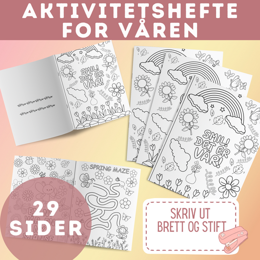 Printbart aktivitetshefte med vårtema – inneholder fargelegging, ordsøk, telling og kreative oppgaver for barn. Perfekt for læring og moro!
