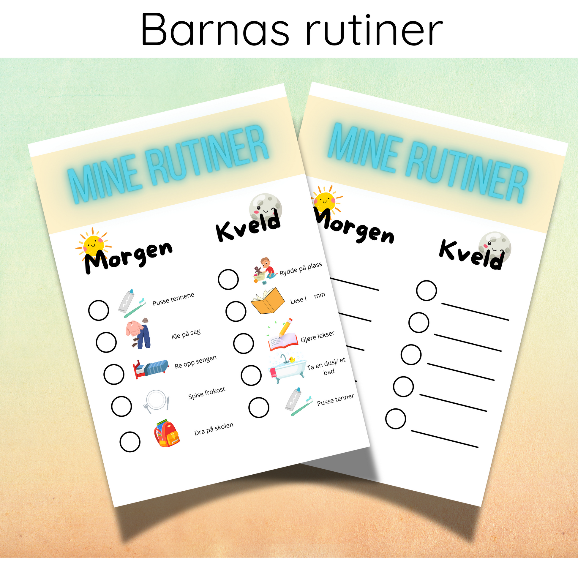 Forsiden av 'Rutiner for barn – Morgen og kveld' med illustrasjoner av soloppgang og måne som symboliserer morgen- og kveldsaktiviteter.
