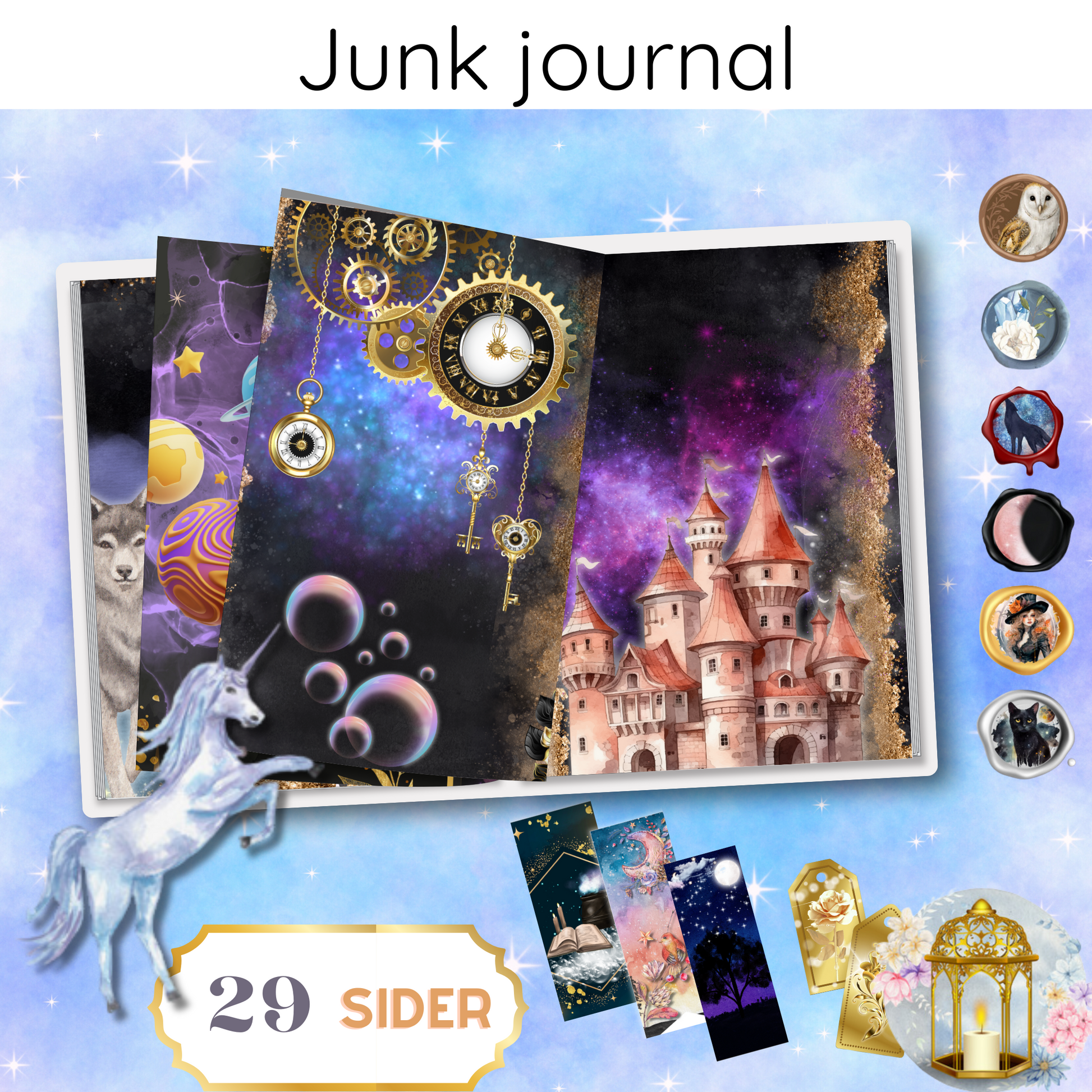 Forsiden av 'Scrapbook/'Junk journal' – Dreamy' som viser et drømmende design med myke farger og kunstneriske elementer.
