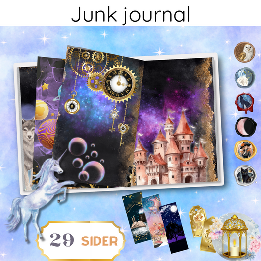 Forsiden av 'Scrapbook/'Junk journal' – Dreamy' som viser et drømmende design med myke farger og kunstneriske elementer.
