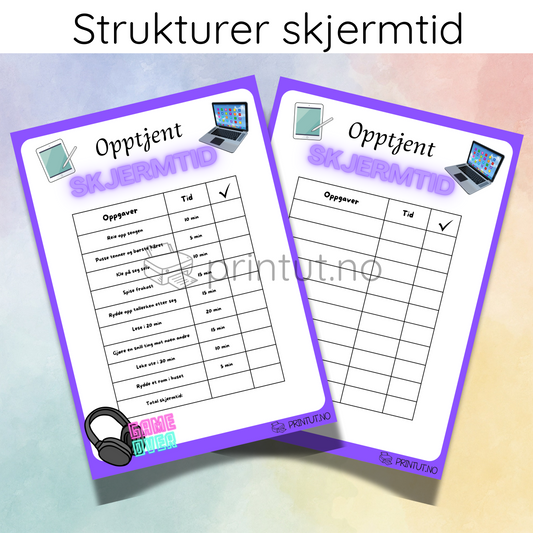 Forsiden av 'Skjermtid' skjemaet som viser hvordan barn kan tjene skjermtid gjennom ulike aktiviteter.
