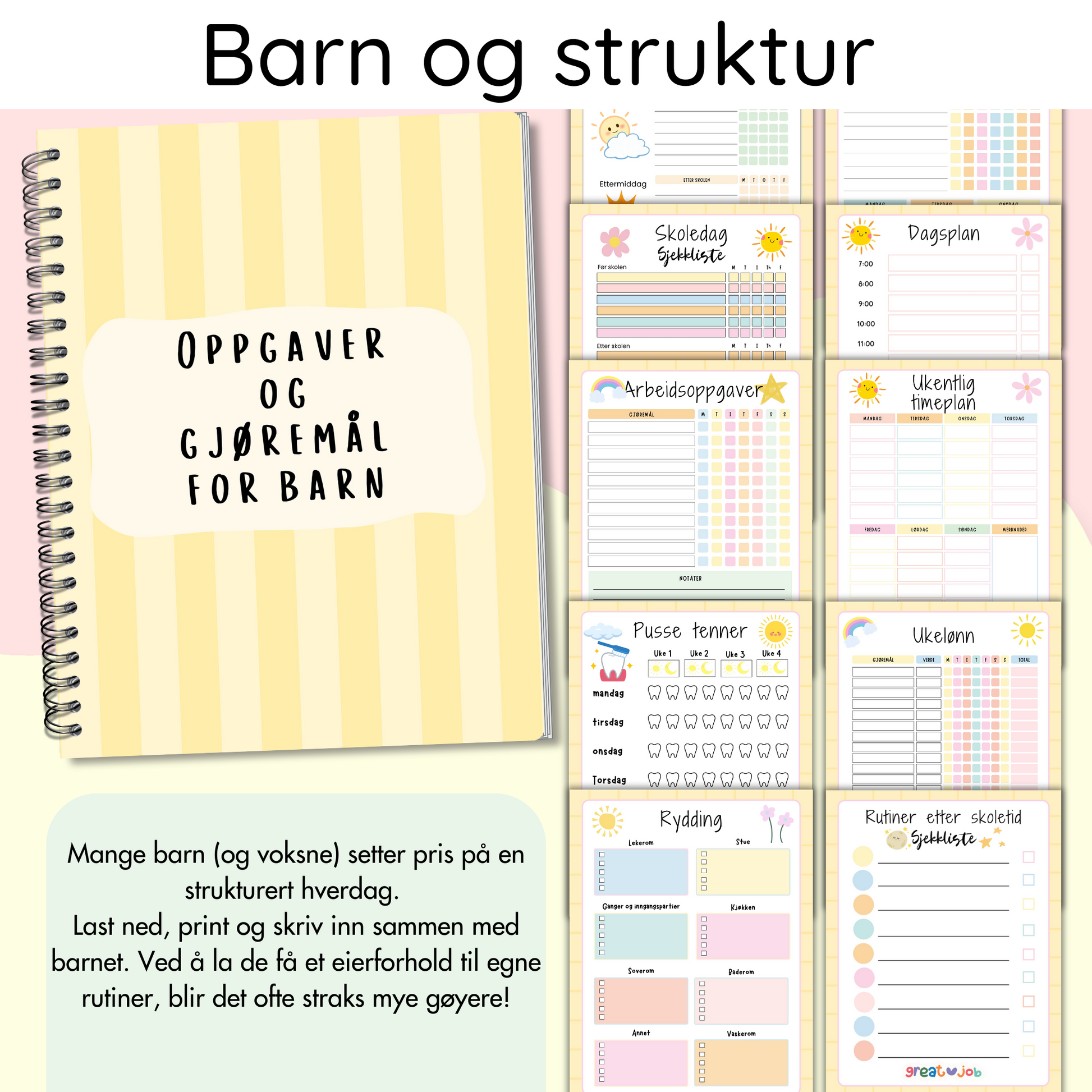 Forsiden av 'Struktur hverdag barn – samlepakke' med fargerikt design som viser ulike sjekklister og rutiner for barn.
