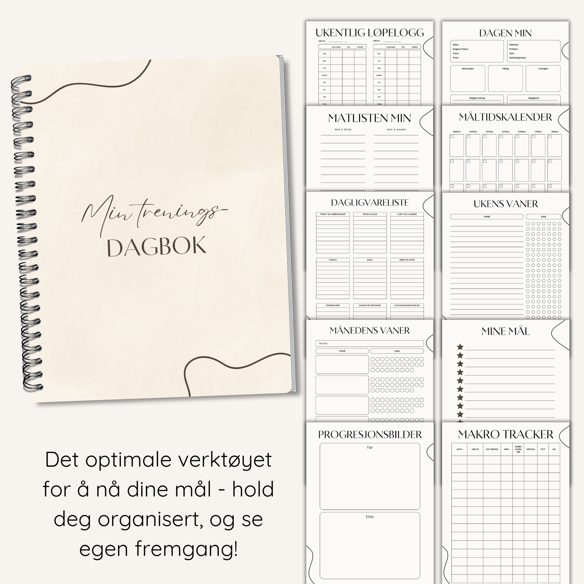 Eksempelside som viser en ukentlig treningsplan fra dagboken.

