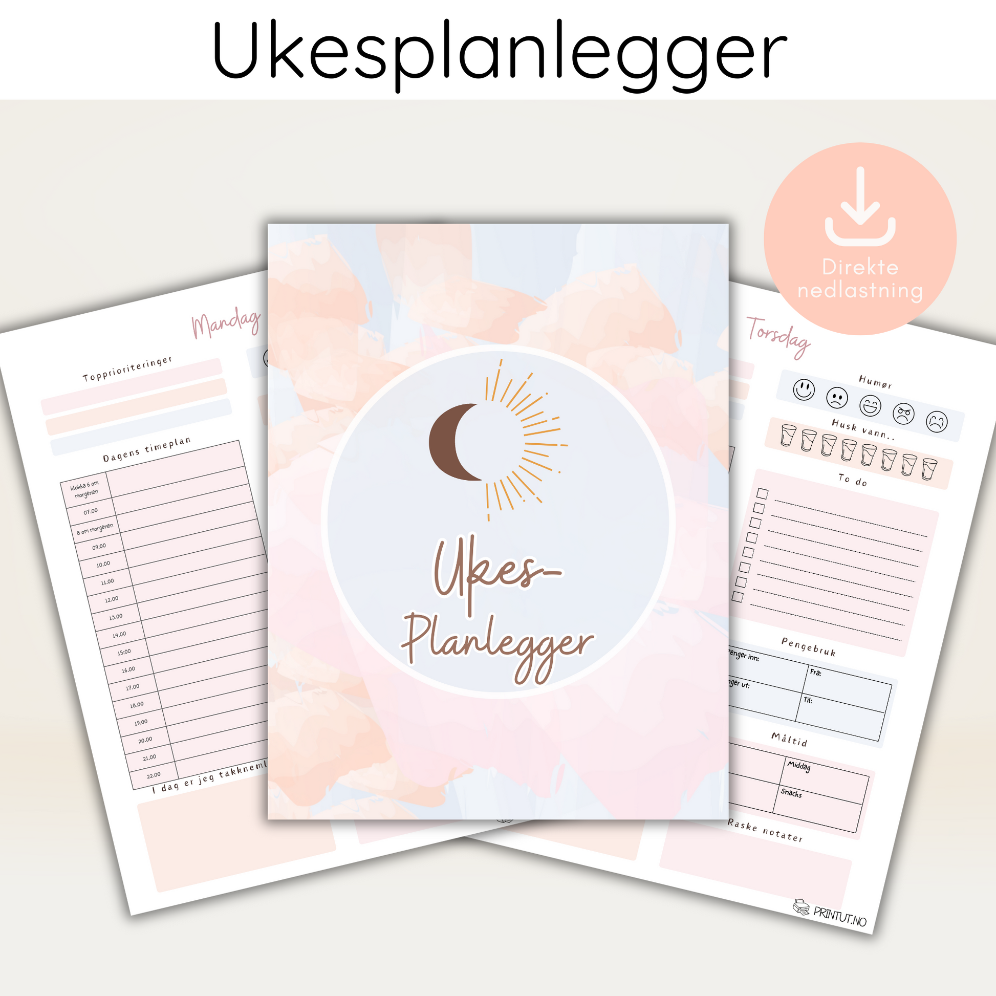 Forsiden av 'Ukesplanlegger' med minimalistisk design og syv felt for daglig planlegging mandag til søndag.
