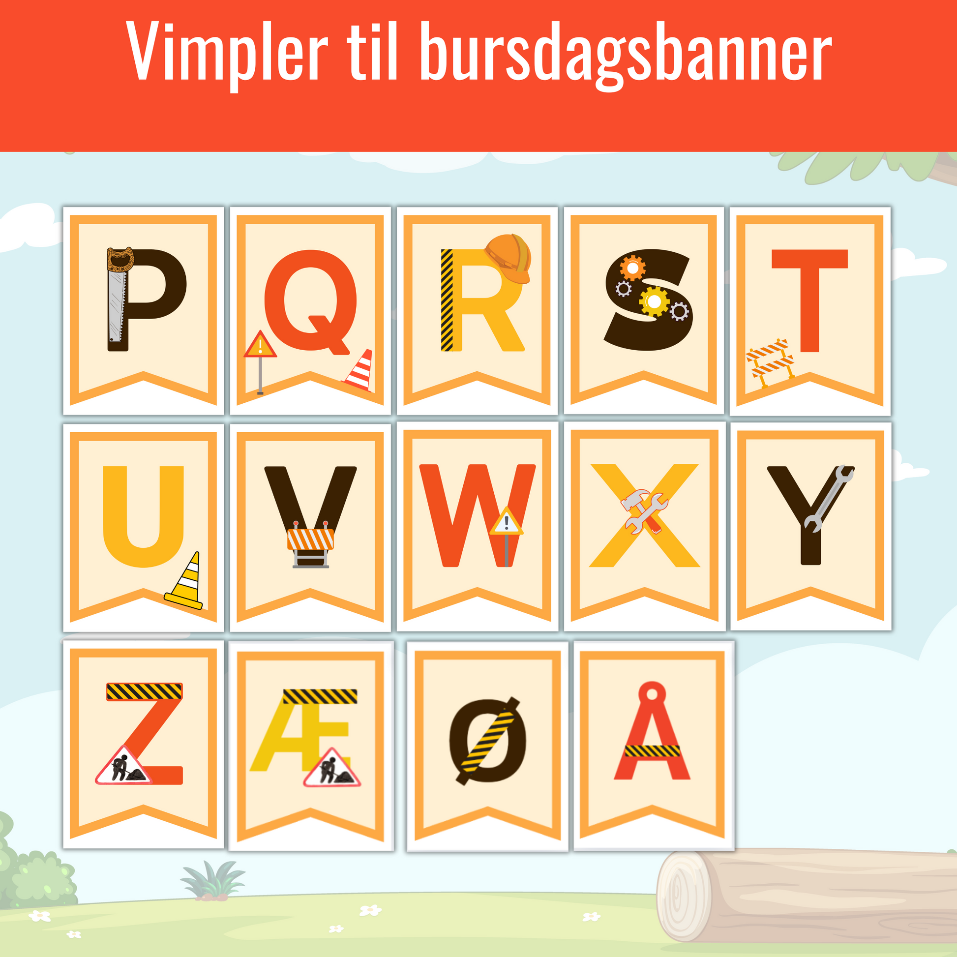 Nærbilde av en enkelt vimpel med byggeillustrasjon, som viser detaljene i designet.
