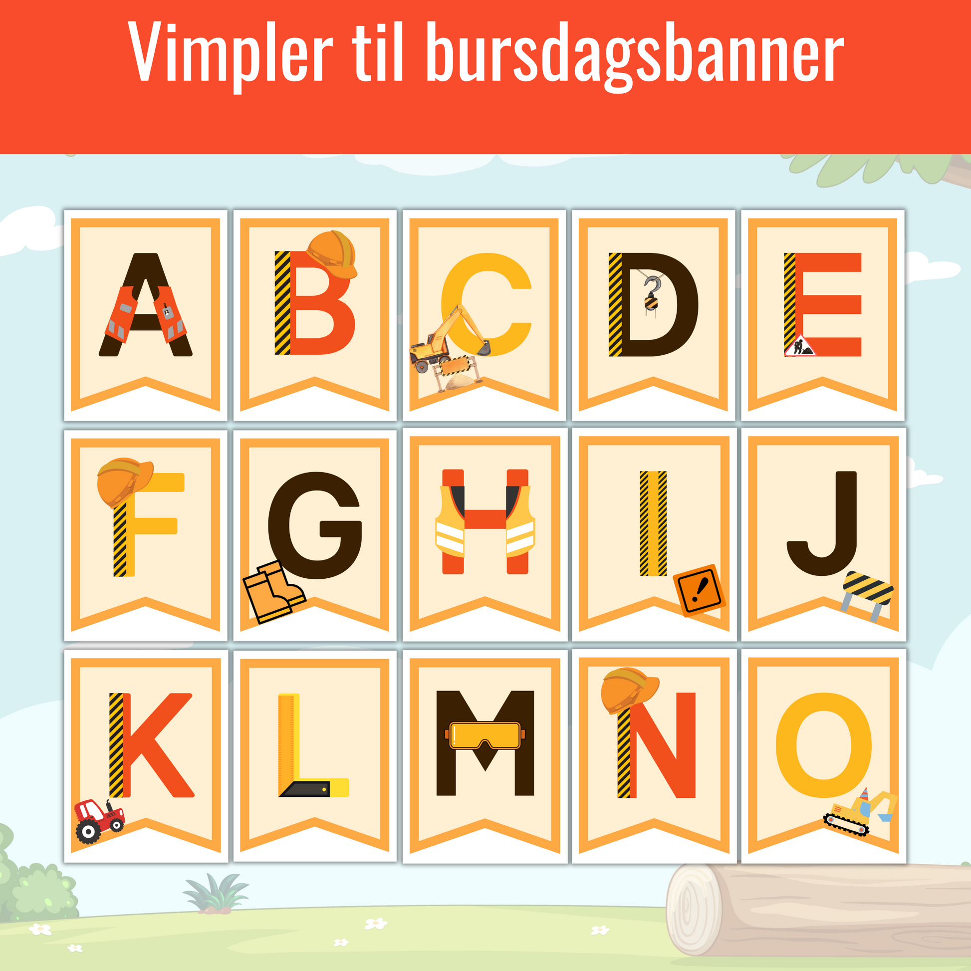 Eksempel på hvordan de utskrevne vimplene med byggetema kan henges opp som et banner i et festlokale.
