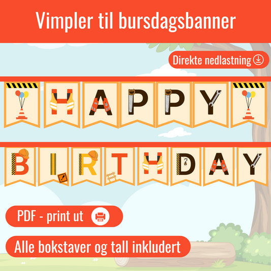 Forsiden av 'Vimpler til bursdagsbanner – byggetema' med fargerike byggeillustrasjoner som gravemaskiner og verktøy.
