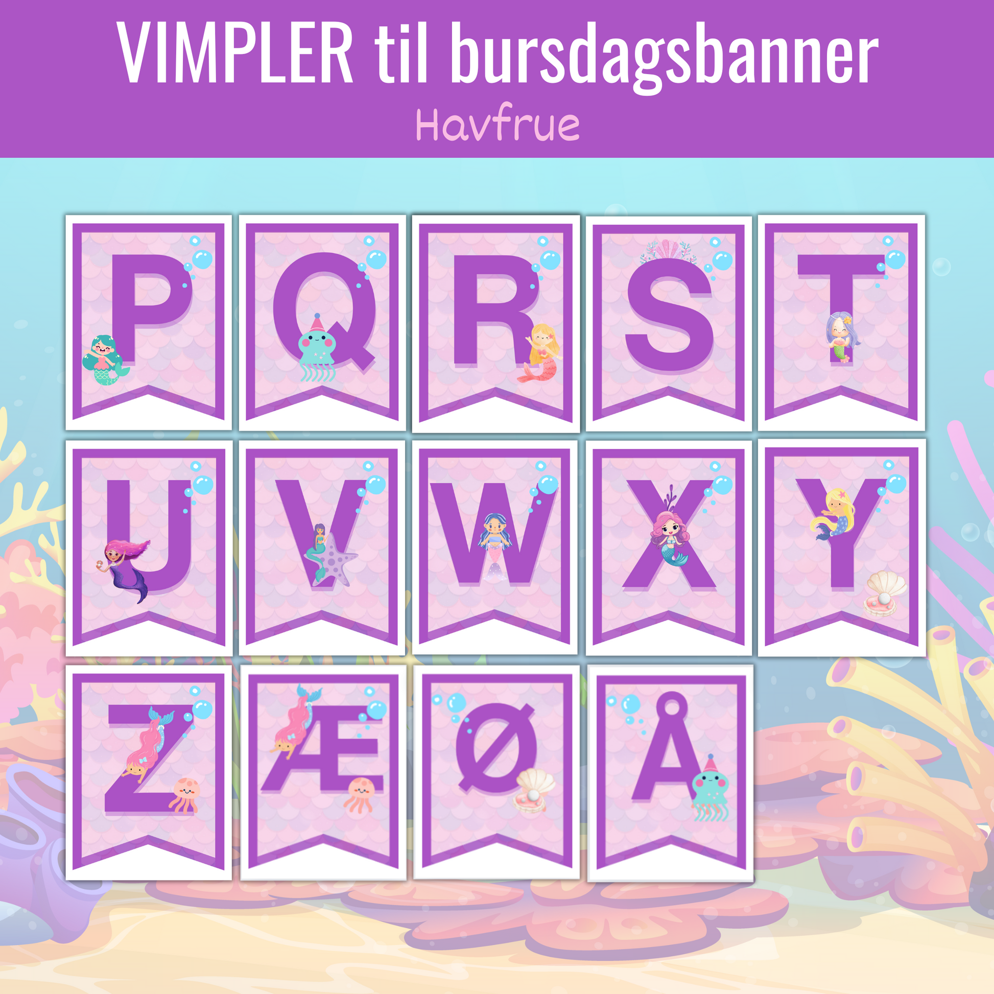 Eksempel på hvordan de utskrevne vimplene med havfruetema kan henges opp som et banner i et festlokale.
