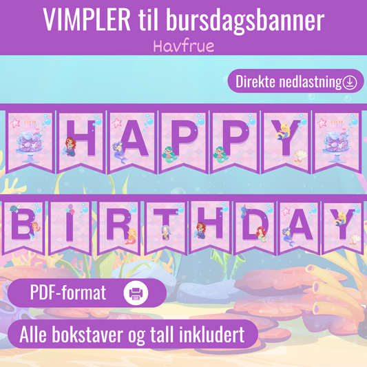 Forsiden av 'Vimpler til bursdagsbanner – havfruetema' med fargerike havfrueillustrasjoner og dekorative elementer.
