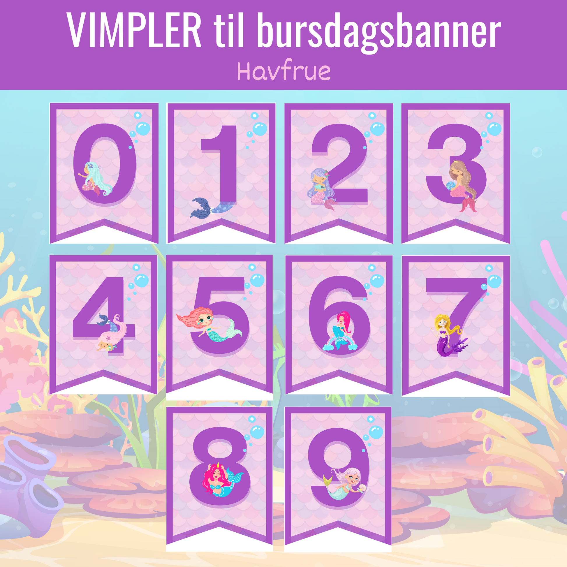 tallene 0-9 i banner med havfruetema